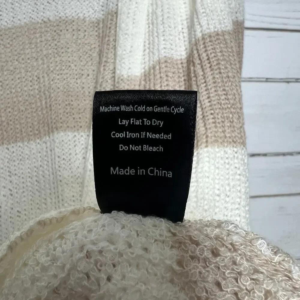 POL Tan Ivory Striped Long Knit Hooded Cardigan Sweater Open Front Size Small